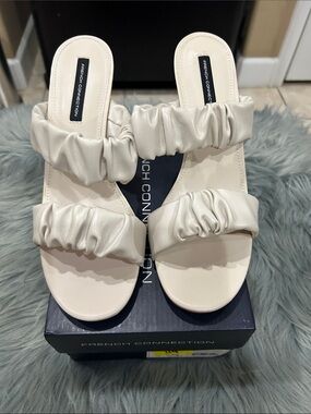 French Connection Ivory Ruched Double-Strap Slide Mules